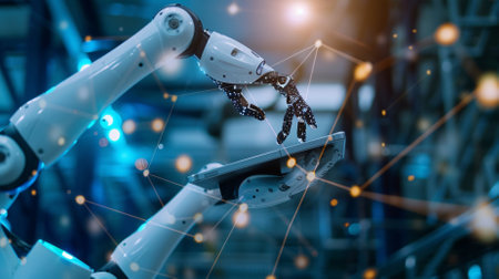 Robot hand holding human robot arm. Artificial intelligence and machine learning concept. 3D renderingの素材
