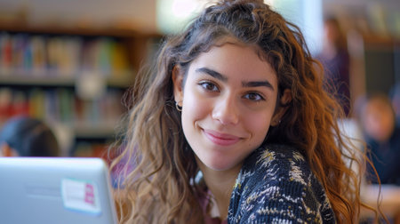 Portrait of a beautiful young woman using a laptop in a libraryの素材