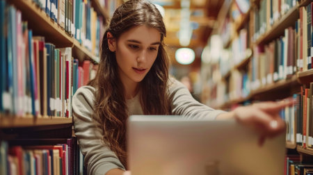 Portrait of a beautiful young female student using a tablet computer in a libraryの素材