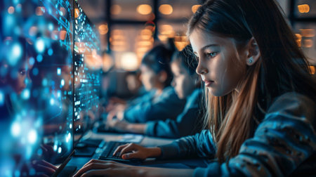 Side view of focused girl typing on computer while sitting at table in gaming roomの素材