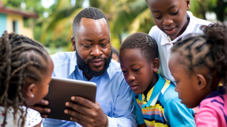 african american family using digital tablet together in school, education conceptの素材