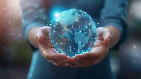 Businesswoman on blurred background holding and touching 3D rendering digital planet earthの素材