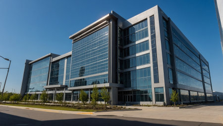 Panoramic view of a modern office building with blue sky.の素材