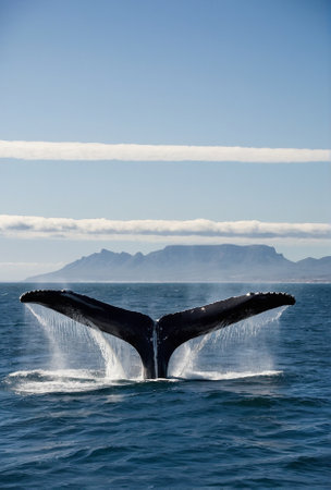 The sea and a whale's tail with a beautiful mountain background.の素材