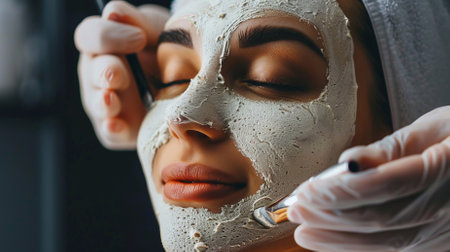 Beautiful young woman in spa salon with clay facial mask. Beauty treatment concept.の素材
