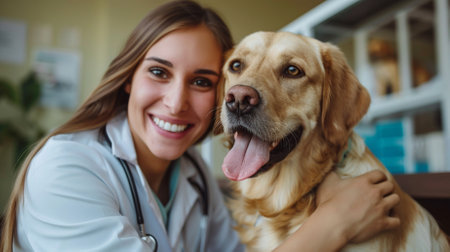 Portrait of smiling female veterinarian with labrador retriever in vet clinicの素材