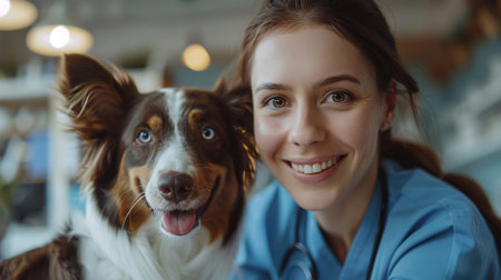 Portrait of a smiling female veterinarian with her dog in vet clinicの素材