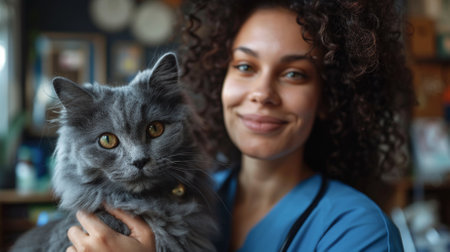 Portrait of happy female veterinarian taking care of cat at reception in veterinary clinicの素材