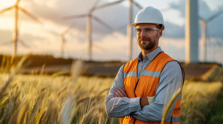 Male engineer standing in field at wind farm, clean energy concept.の素材