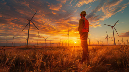 Male engineer standing in field at wind farm, clean energy concept.の素材