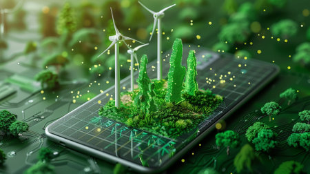 Solar panel and wind turbines on the background of green forest. 3d renderingの素材