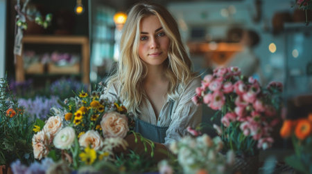 Beautiful young florist woman making bouquet in flower shopの素材
