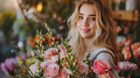 Beautiful young woman florist with a bouquet of flowersの素材