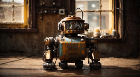 Old rusty robot toy in the old factory. Selective focus.の素材