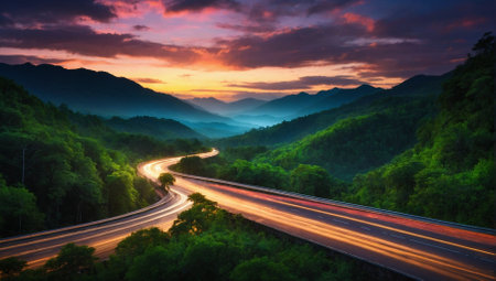 highway in the mountains at sunset with car light trails on the roadの素材