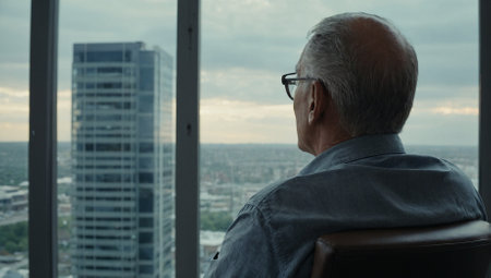 Elderly man sitting on chair and looking out the window.の素材