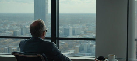 Mature businessman sitting in office and looking out the window with city viewの素材