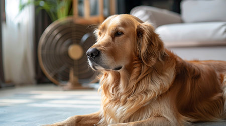 Golden Retriever dog lying on the floor in the living roomの素材