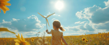 Little girl playing with wind turbine in field of sunflowers.の素材