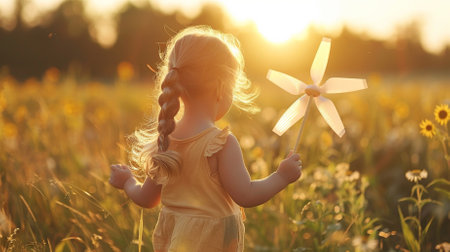 Cute little girl playing with windmill in field on sunny dayの素材