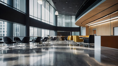 Interior of a modern office building with black and orange armchairsの素材