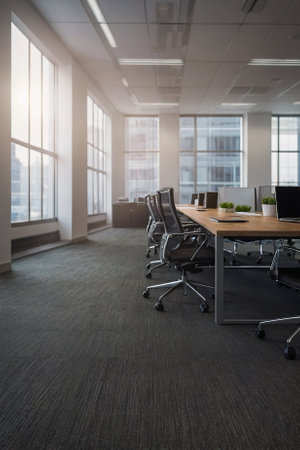 Modern conference room interior with glass wall and wooden floor. Nobody insideの素材