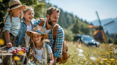 happy family with backpacks looking at camera while sitting on road tripの素材