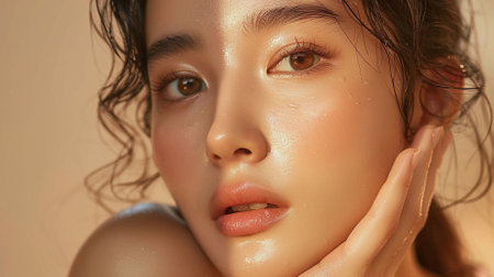 Portrait of beautiful young asian woman with clean face and wet hairの素材