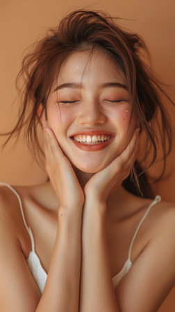 Portrait of a beautiful young asian woman smiling and touching her faceの素材
