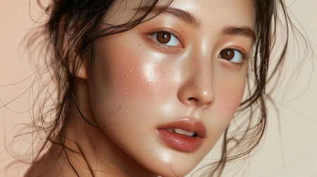 Portrait of a beautiful young woman with clean fresh skin. Skin care concept.の素材