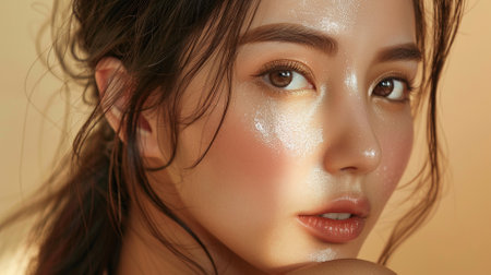 Beauty face of young asian woman with clean fresh skin, natural make-up. Skin care concept.の素材
