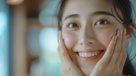 Close up of beautiful asian woman smiling and looking at camera.の素材