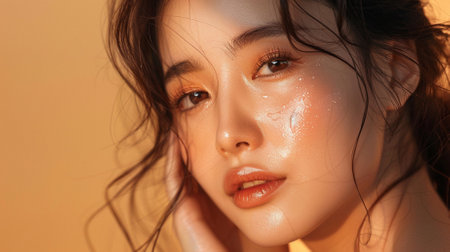 portrait of beautiful young asian woman with makeup and wet hair on beige backgroundの素材