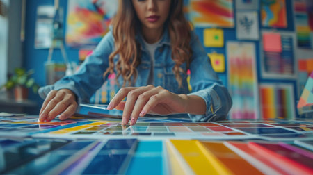 Cropped image of young female interior designer working with color samples in officeの素材