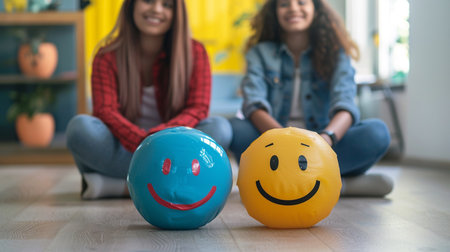 Smiley faces on balls. Cheerful girls sitting on the floor at homeの素材