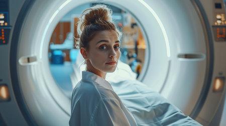 Female doctor looking at CT or MRI scanner in hospital. Medical equipment.の素材