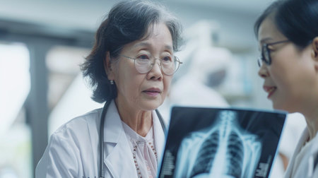 asian senior female doctor looking at x-ray image of her patientの素材
