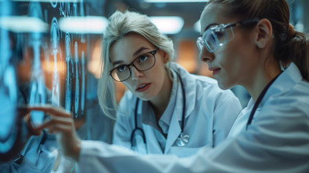 Attentive female doctors looking at x-ray image while working in hospitalの素材