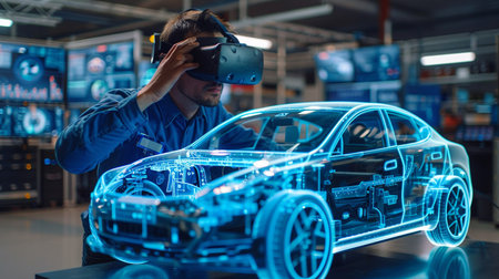 Young man wearing virtual reality goggles and testing a car model. Future technology conceptの素材