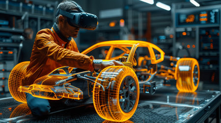 Engineer in virtual reality headset testing new car. 3d renderingの素材