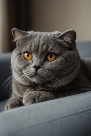 British Shorthair cat lying on sofa and looking at camera.の素材