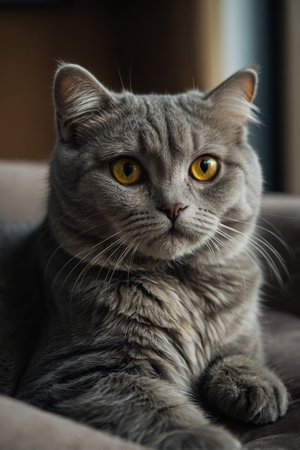 British shorthair cat with yellow eyes lying on a sofa at homeの素材