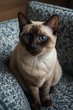 Siamese cat with blue eyes sitting on the couch at homeの素材