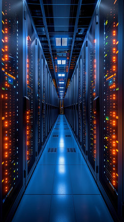 Server room data center. Backup, mining, hosting, mainframe and computer rack with storage information. 3d renderの素材