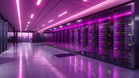 Server room data center. Backup, mining, hosting, mainframe, farm and computer rack with storage information.の素材