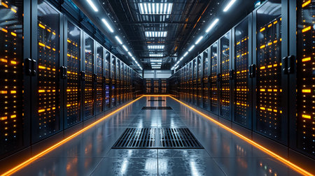 Server room data center. Backup, mining, hosting, mainframe and computer rack with storage information. 3d renderの素材