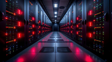 Server room data center. Backup, mining, hosting, mainframe and computer rack with storage information. 3d renderの素材