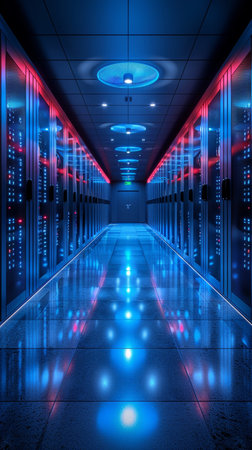 server room data center with blue lights and reflections, 3d renderの素材