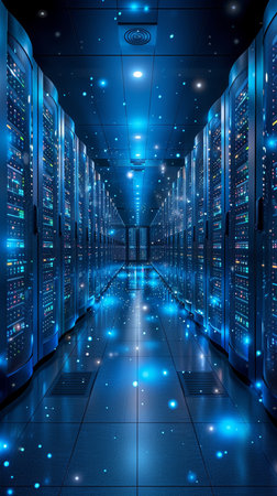 Server room data center. Backup, mining, hosting, mainframe, farm and computer rack with storage information. 3d renderの素材