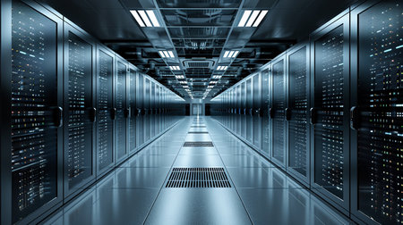 Server room data center. Backup, mining, hosting, mainframe, farm and computer rack with storage information. 3d renderの素材